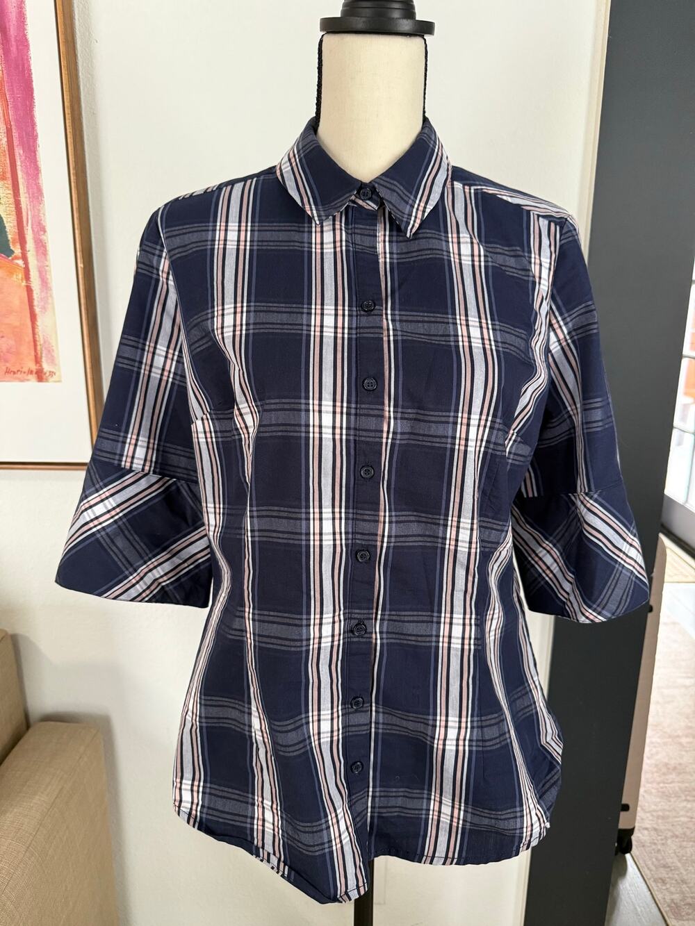 New York & Company 7th Avenue Plaid Button Front Blouse Women’s Medium